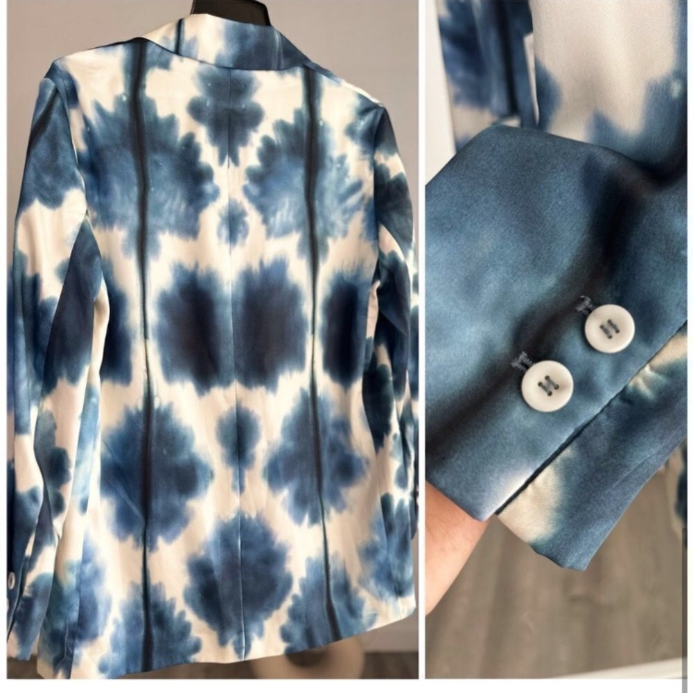 ZARA • Satin Effects Stylish Tie-Dye Blue & White Blazer Jacket - Picture 6 of 15